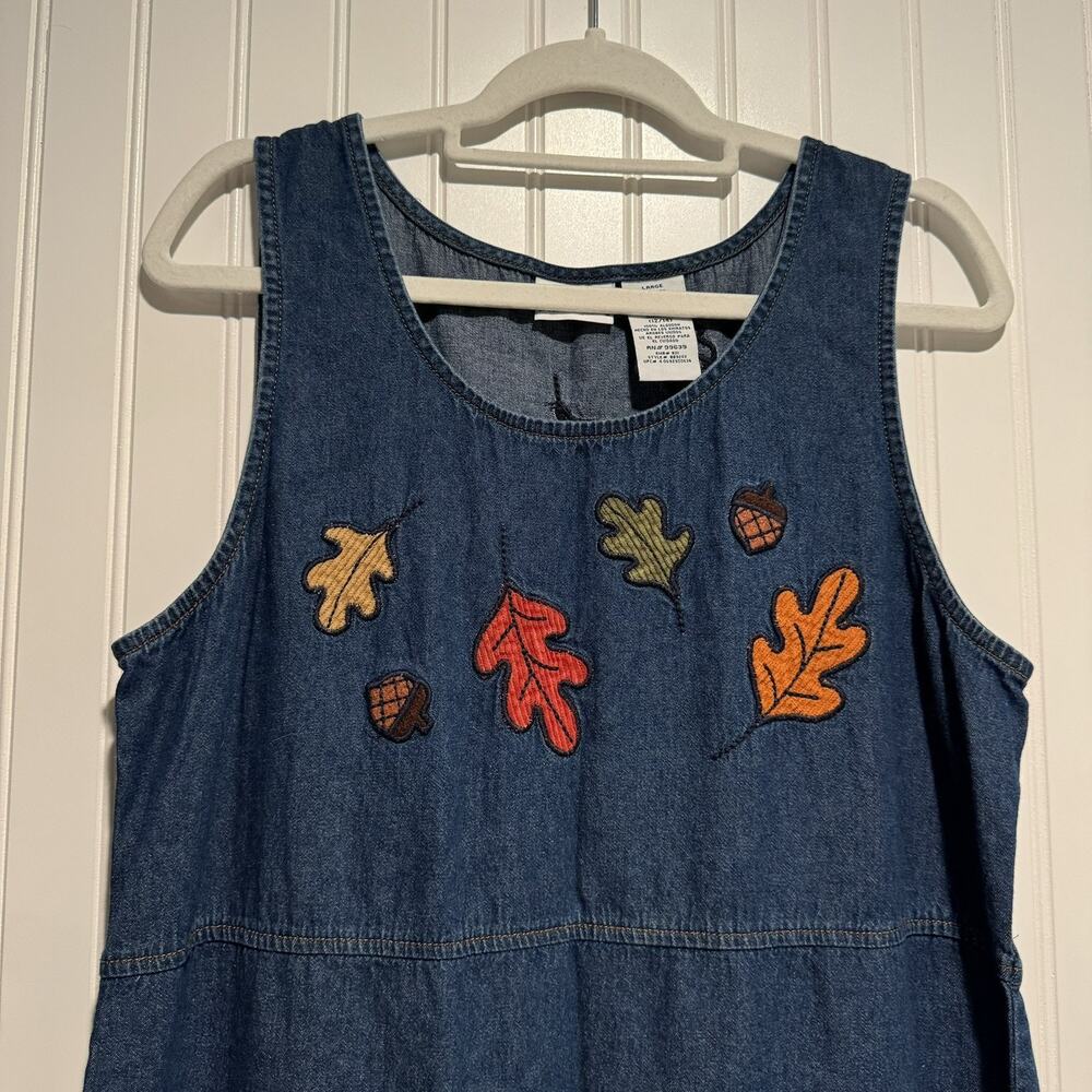 Vintage Bobbie Brooks Denim Jumper Dress Autumn Fall Leaf Embroidery Size 12/14 - Picture 2 of 6